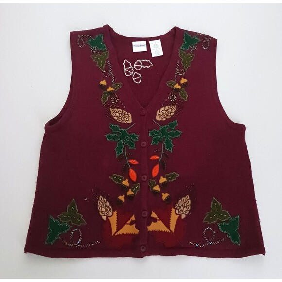VTG Bobbie Brooks Burgundy Cotton Blend Fall Theme Knit Vest Sz L Applique Beads - Picture 7 of 7